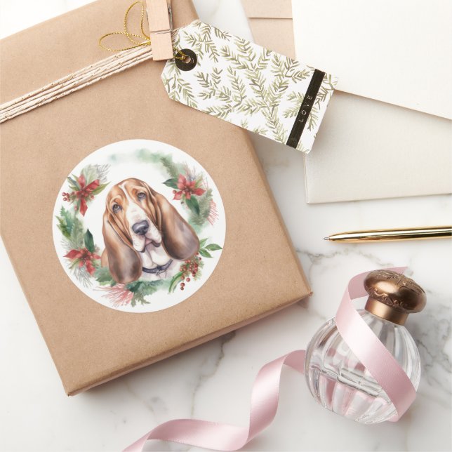 Sticker Rond Basset Hound Festive Wreath de Noël Pup (Cadeaux)