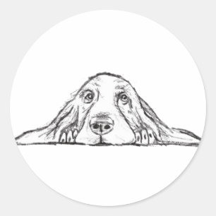 Sticker Rond basset hound noir blanc yeux de chiot simple