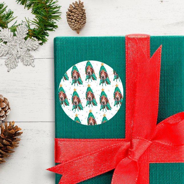 Sticker Rond Basset Hound race Chien Motif Stars Noël (Créateur téléchargé)