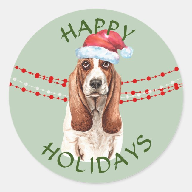 Sticker Rond Basset Hound Santa Hat Joyeuses Fêtes (Devant)
