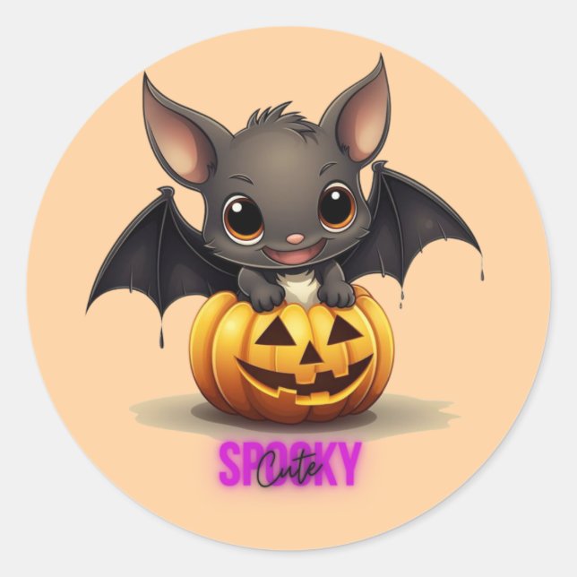 Sticker Rond Bat adorable sur Citrouille mignonne Halloween Déc (Devant)