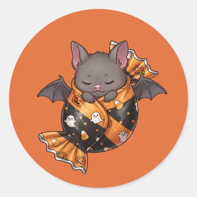 Sticker Rond Bat enrobé dans le bonbon d'Halloween (Devant)