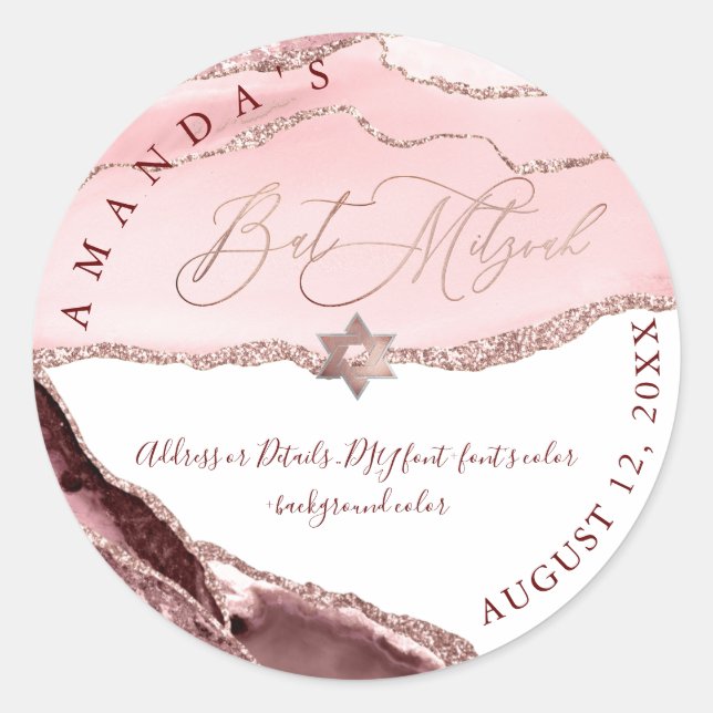 Sticker Rond Bat mitzvah, Aquarelle Brouille Bourgogne Agate (Devant)