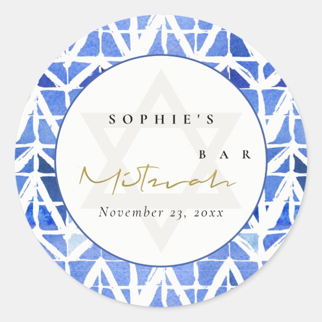 STICKER ROND BAT MITZVAH BAR CHEVRON BLEU INDIGO WATERCOLOR (Devant)