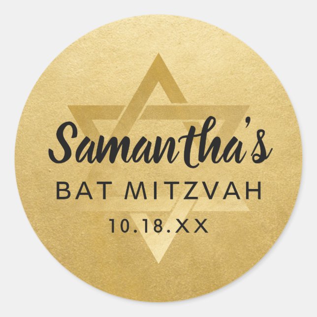 Sticker Rond Bât Mitzvah Bar Mitzvah Étoile de David Nom en or (Devant)