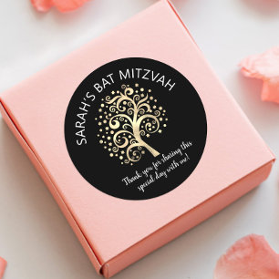 Sticker Rond Bat mitzvah Black Gold Foil Arbre de vie Script