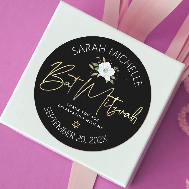 Sticker Rond Bat mitzvah Black Gold Script Floral Aquarelle (Créateur téléchargé)
