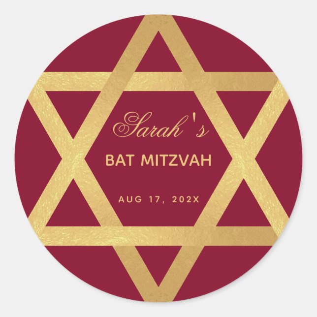 Sticker Rond Bat mitzvah Bourgogne Faux Gold Foil Star de David (Devant)