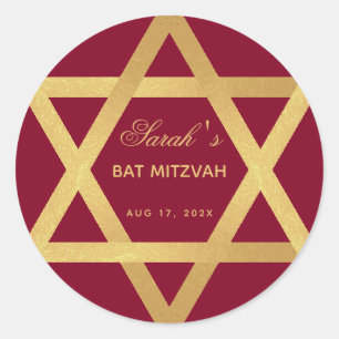 Sticker Rond Bat mitzvah Bourgogne Faux Gold Foil Star de David