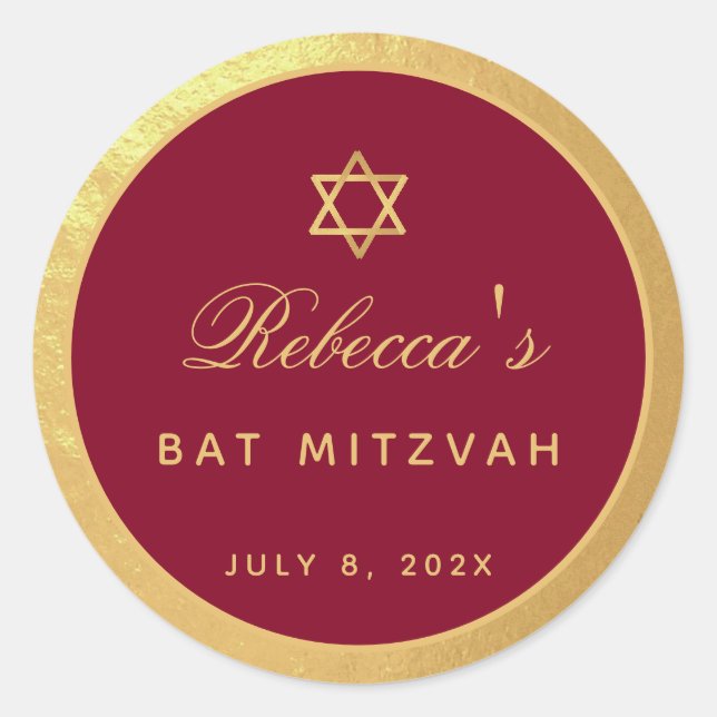 Sticker Rond Bat mitzvah Burgundy Faux Gold Élégante calligraph (Devant)