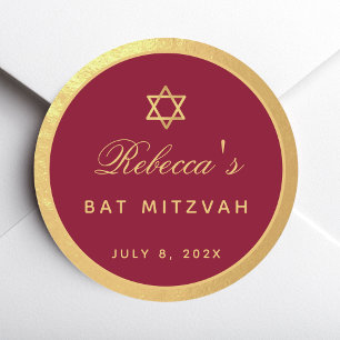 Sticker Rond Bat mitzvah Burgundy Faux Gold Élégante calligraph