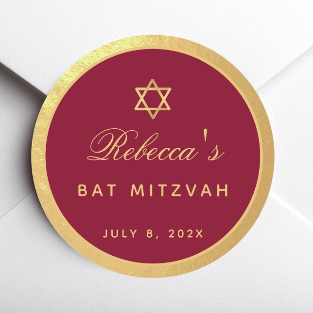 Sticker Rond Bat mitzvah Burgundy Faux Gold Élégante calligraph (Créateur téléchargé)