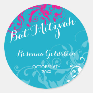 Sticker Rond bat mitzvah de 128 marines fleurissent rose turquo