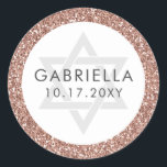 Sticker Rond Bat mitzvah de Parties scintillant rose Rose or<br><div class="desc">Parties scintillant en or rose chic et texte moderne gris avec l'étoile de David sur un autocollant conçu pour les invitations Bat mitzvah et favoriser les étiquettes, avec nom personnalisé et date de fête. Coordonner la papeterie et la décoration disponibles dans les collections de Parties scintillant Gold Pink Rose Paper...</div>