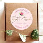 Sticker Rond Bat mitzvah Floral Rose Aquarelle Gold Script<br><div class="desc">Soyez fier, réjouissez-vous et célébrez cette étape de votre Bat mitzvah préféré chaque fois que vous utilisez cet autocollant sophistiqué et personnalisé! Une aquarelle florale rose chaud, chic, la typographie de scénario de feuille d'or et Star of David, ainsi que le rose moderne poussiéreux sans serif type superposent un arrière...</div>