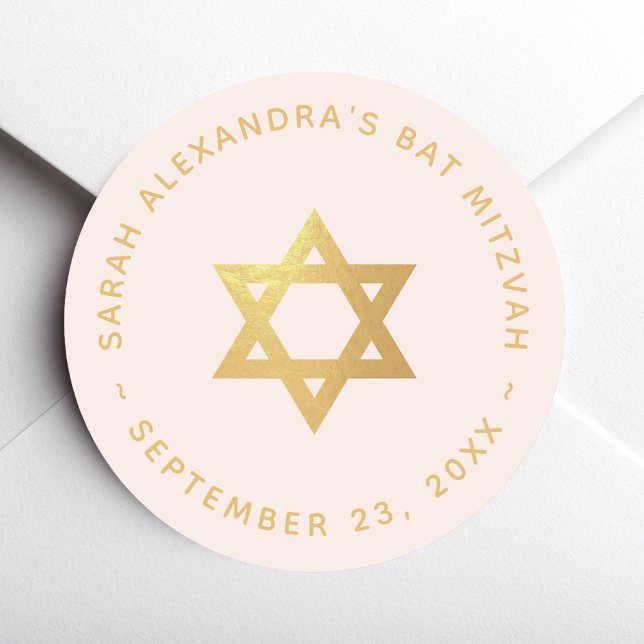 Sticker Rond Bat Mitzvah Girl Pink Faux Gold Foil Star of David (Créateur téléchargé)