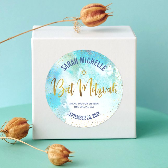Sticker Rond Bat mitzvah Gold Foil Script, Aquarelle Turquoise (Créateur téléchargé)