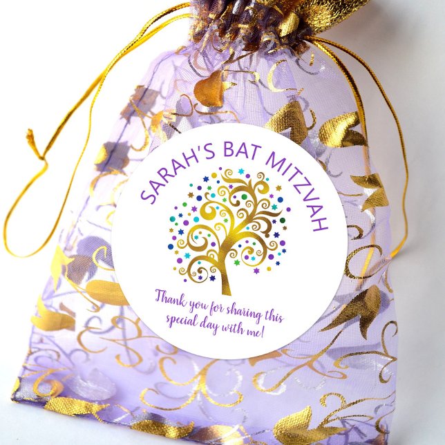 Sticker Rond Bat mitzvah Gold Foil Tree Life, Purple Typographi (Créateur téléchargé)