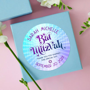 Sticker Rond Bat mitzvah Gras Rétro Boho bleu violet dégradé