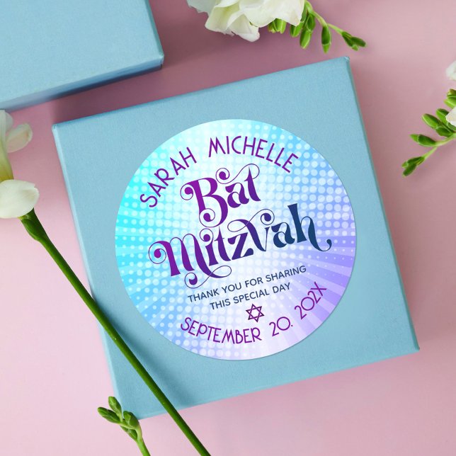 Sticker Rond Bat mitzvah Gras Rétro Boho bleu violet dégradé (Créateur téléchargé)