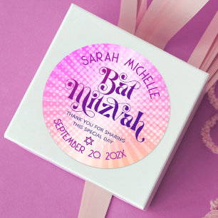 Sticker Rond Bat mitzvah Gras Rétro Boho rose orange dégradé