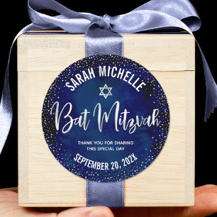 Sticker Rond Bat Mitzvah Moderne Bleu Nuit Paillettes Argentées
