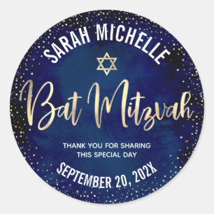 Sticker Rond Bat mitzvah Moderne Marine Bleu Parties scintillan