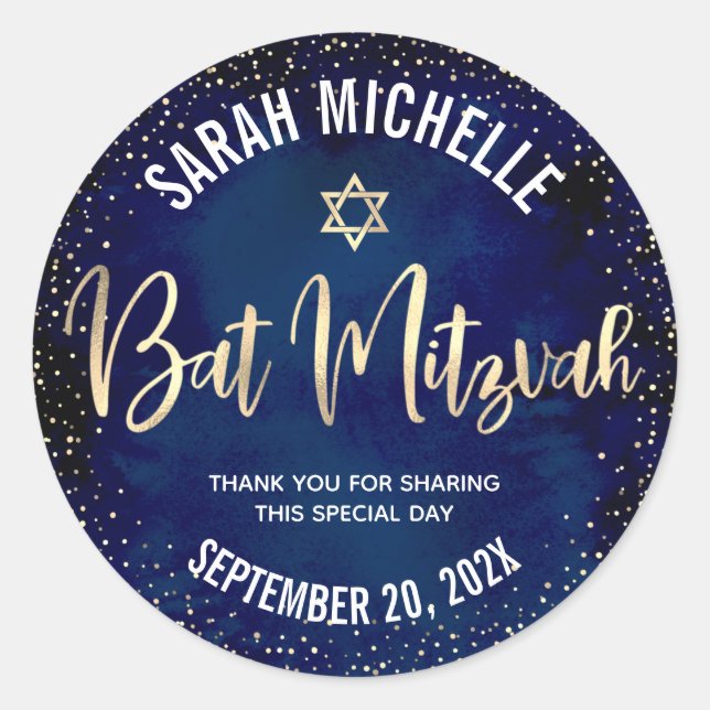 Sticker Rond Bat mitzvah Moderne Marine Bleu Parties scintillan (Devant)