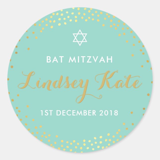 Sticker Rond BAT MITZVAH moderne rustique confetti menthe (Devant)