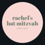Sticker Rond Bat mitzvah moderne Soft Rose personnalisé<br><div class="desc">Célébrez cette étape spéciale avec un autocollant Bat mitzvah personnalisé avec un arrière - plan rose vif et une typographie moderne. Parfait pour sceller les enveloppes, décorer les faveurs de la fête ou améliorer la décoration de l'événement, cet autocollant élégant ajoute une touche personnalisée à la célébration. Un détail chic...</div>