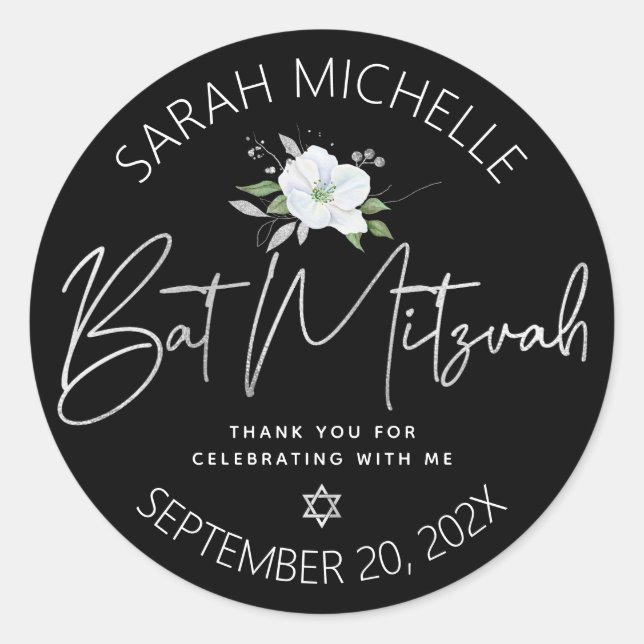 Sticker Rond Bat mitzvah noir Argent Script Floral Aquarelle (Devant)