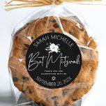 Sticker Rond Bat mitzvah noir Argent Script Floral Aquarelle<br><div class="desc">Soyez fier, réjouissez-vous et célébrez cette étape de votre Bat mitzvah préféré chaque fois que vous utilisez cet autocollant sophistiqué et personnalisé! Une aquarelle florale chic, étonnante, blanche et faux argent parties scintillant, un faux film d'argent écrit à la main script et Star of David, ainsi que la typographie blanche...</div>