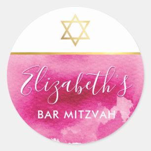 Sticker Rond BAT MITZVAH or étoile chic rose aquarelle invitati