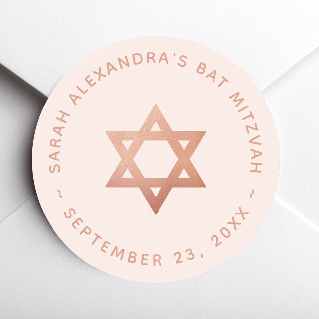 Sticker Rond Bat Mitzvah Pink Girl Rose Gold Star of David (Créateur téléchargé)