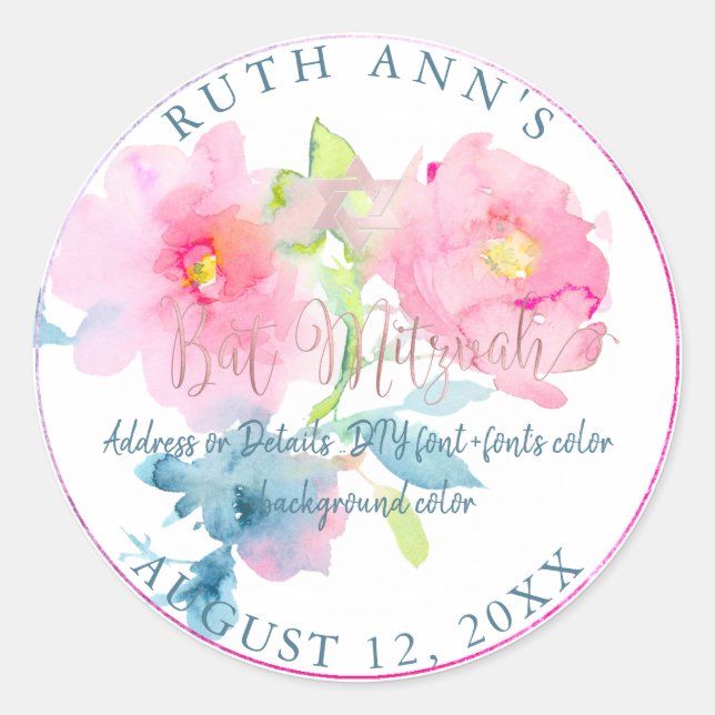 Sticker Rond Bat mitzvah PixDezines, aquarelle florale (Devant)