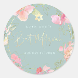 Sticker Rond Bat mitzvah PixDezines, Aquarelle florale, Blush