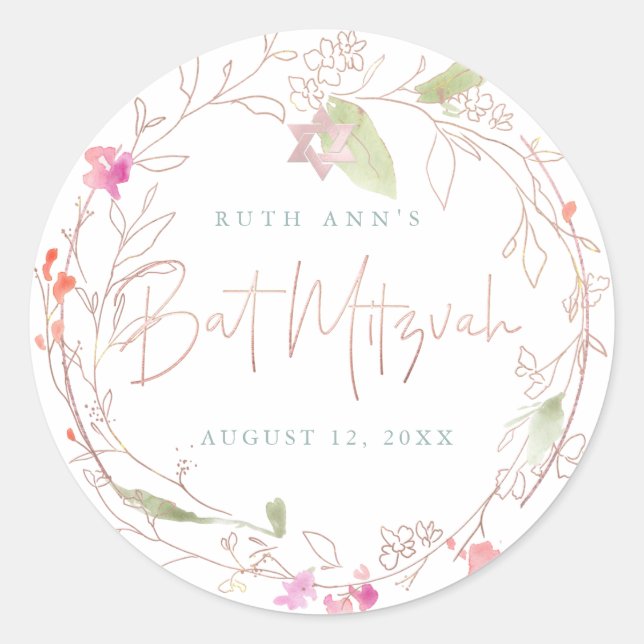 Sticker Rond Bat mitzvah PixDezines, Aquarelle florale, Blush (Devant)