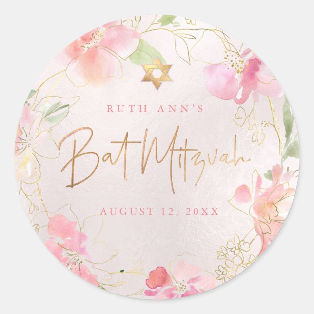 Sticker Rond Bat mitzvah PixDezines, Aquarelle florale, Blush (Devant)