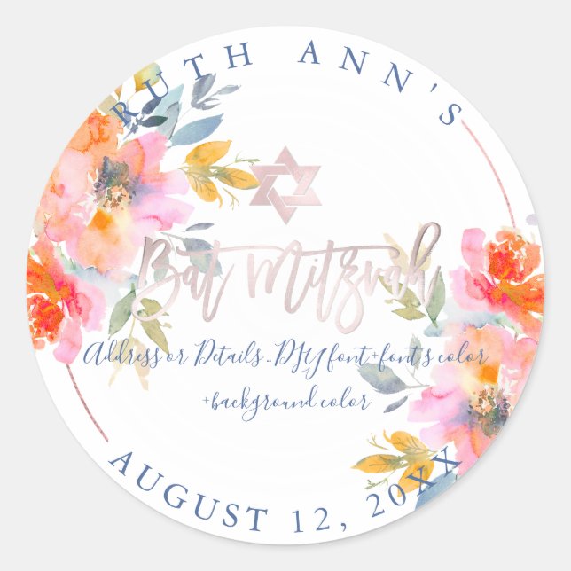 Sticker Rond Bat mitzvah PixDezines, Aquarelle Florale, Ombre (Devant)