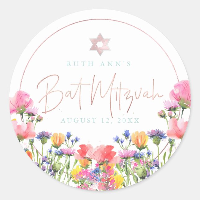 Sticker Rond Bat mitzvah PixDezines, Fleur sauvage aquarelle (Devant)