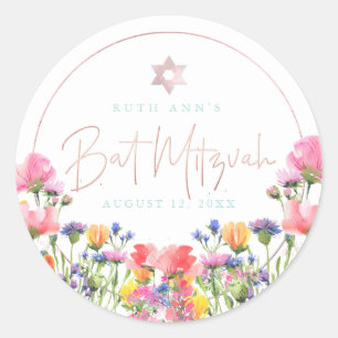 Sticker Rond Bat mitzvah PixDezines, Fleur sauvage Aquarelle