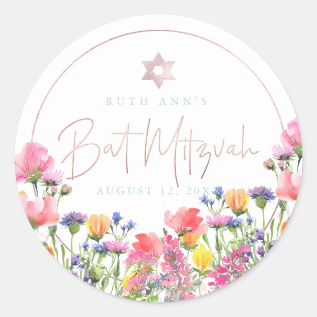 Sticker Rond Bat mitzvah PixDezines, Fleurs Sauvages Aquarelles (Devant)