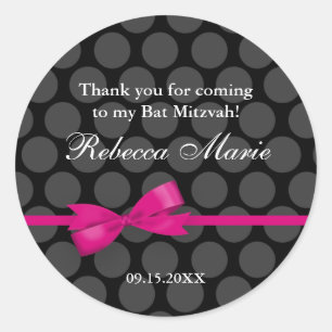 Sticker Rond Bat mitzvah rose et noir Polka Dot Bow Favoriser