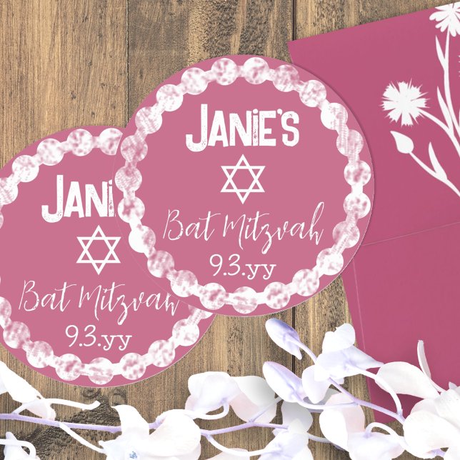 Sticker Rond Bat mitzvah rose mauve personnalisé (round pink mauve red burgundy bat mitzvah party favor stickers personalized labels girls birthday)