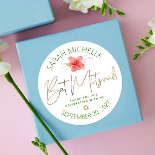 Sticker Rond Bat mitzvah tropical Aquarelle Floral Gold Script