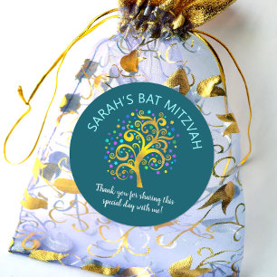 Sticker Rond Bat mitzvah Turquoise Blue Gold Foil Arbre de vie