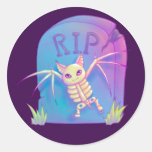 Sticker Rond Bat Skeleton RIP Gravestone Halloween Dessin