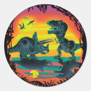 Sticker Rond BATAILLE ÉPIQUE de DINOSAURE à l'aube