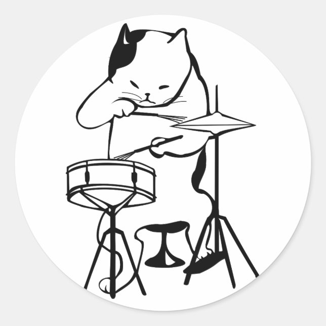 Sticker Rond Batch Cat Drums Musician Rock Jazz Funny Cute (Devant)