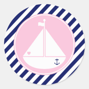 Sticker Rond Bateau à voile bleu et rose
